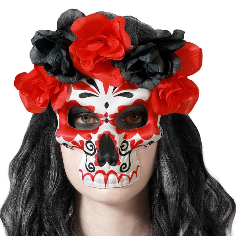 Máscara Esqueleto Catrina con Flores rojas y negras