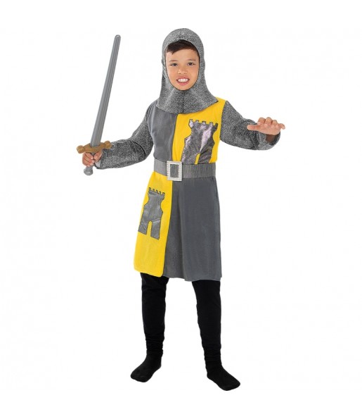 Disfarce de Cavaleiro medieval cinzento e amarelo para menino