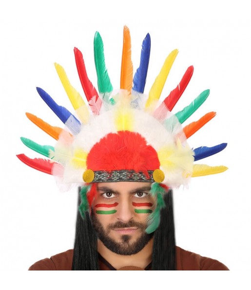 Toucado de plumas de penas multicoloridas de índio para completar o seu disfarce